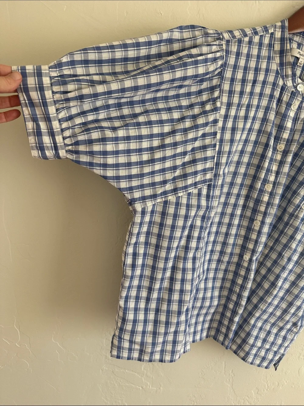 Madewell Blue and White Plaid Puff Sleeve Button-Front Top